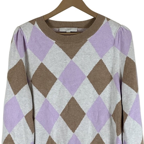 Loft Pullover Sweater Womens XL Tan Purple‎ Argyle Cotton Puff Sleeve Preppy - Picture 3 of 7